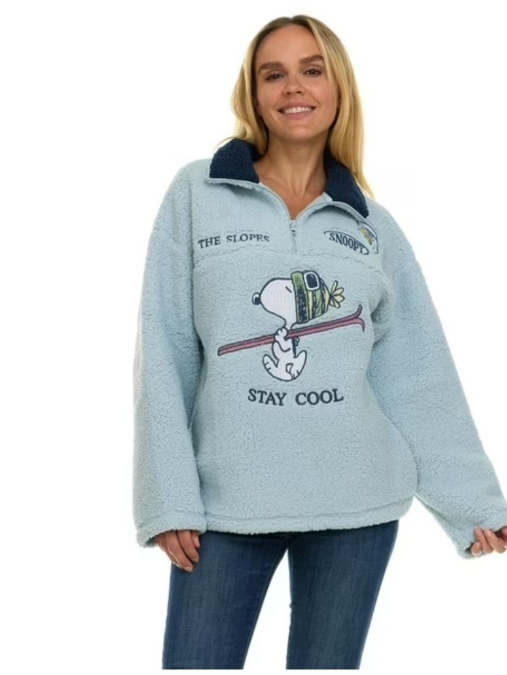 Peanuts Women "Stay Cool" Light Blue Sherpa Pullover  L - Picture 7 of 8